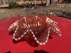 VERY PRETTY ANTIQUE CARNIVAL DUGAN PEACH OPAL JEWELED HEART LARGE BOWL