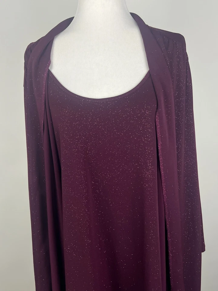 MAGGIE BARNES 3/4sl Suave Elástico Brillante Twofer (Tanque/Cárdigan) - 4X, Vino Foto 4 de 4