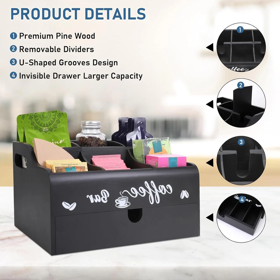 Organizador de estación de café con soporte para cápsulas de café con cajón para encimera, negro Foto 4 de 4