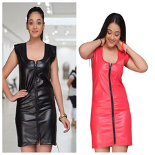 Luxury Leather Look Zip Front Bodycon Mini Dress Sleek Coated Lycra Partywear