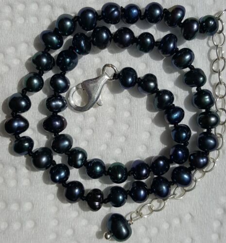 Black & Blue Freshwater Seed Pearl & Sterling Silver Ankle Bracelet 10"-12"  - Picture 1 of 8