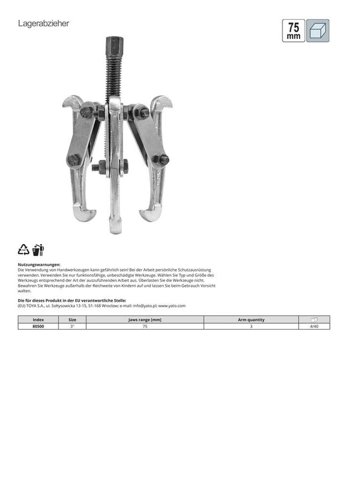 3 Tlg Set Innen und Außen Abzieher 3 Arm Dreiarm 75 mm 100 mm 150 mm - Bild 3 von 4