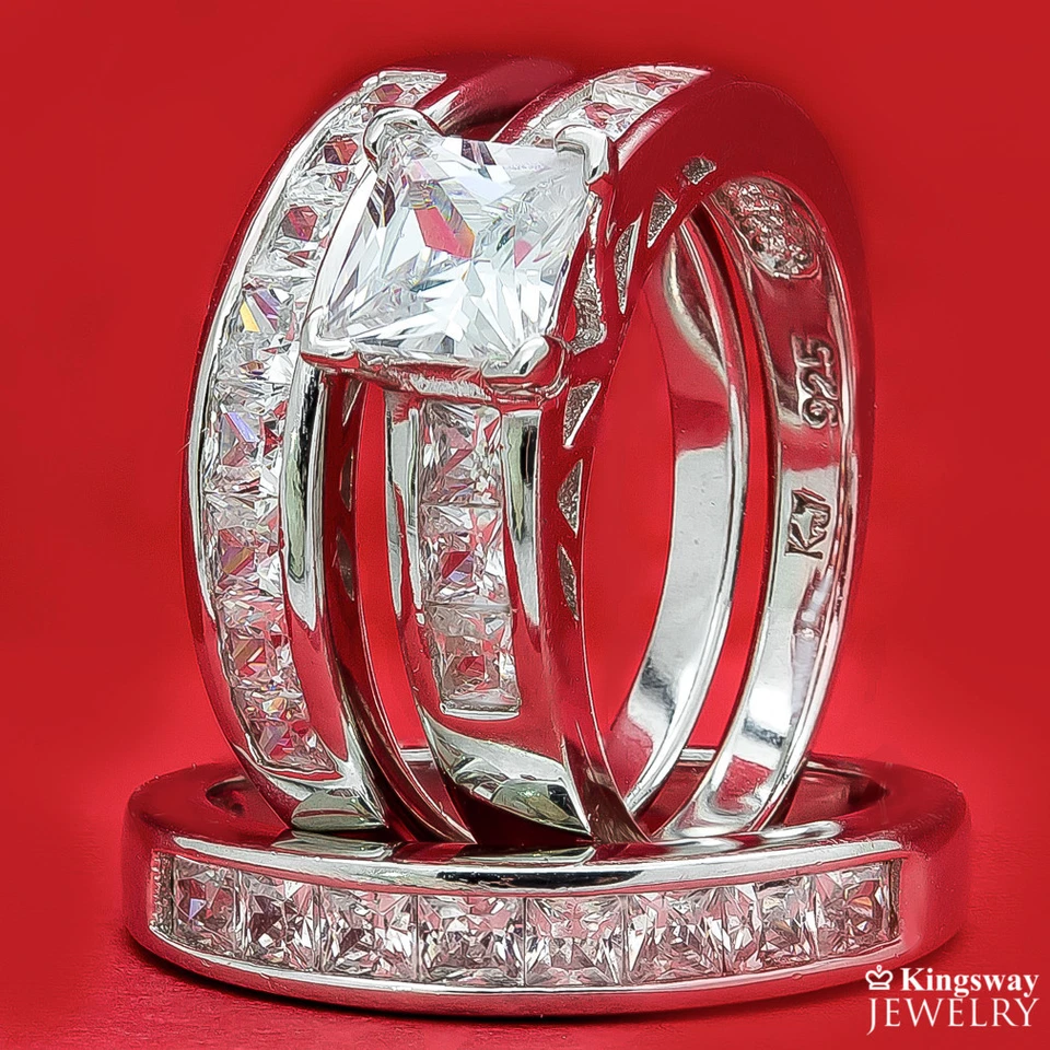 Juego de 4 anillos de boda nupciales de plata esterlina y acero inoxidable para mujer nuevo Foto 2 de 4