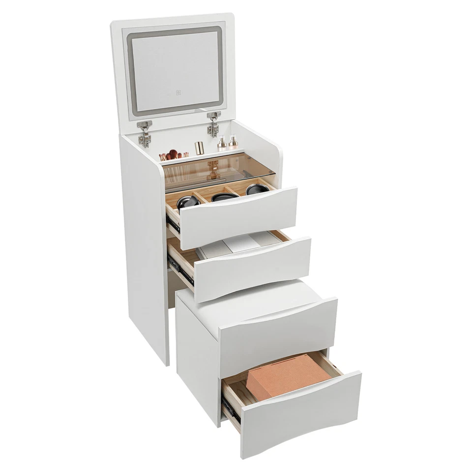 Tocador Escritorio con Tapa Abatible LED Espejo Iluminado Tocador Escritorio con Taburete de Maquillaje Gris Foto 4 de 4