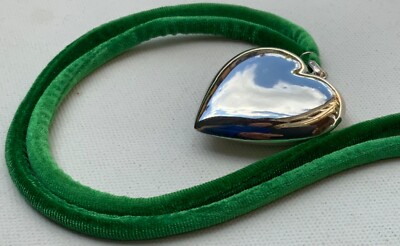 Large 925 Silver Heart Pendant with Velvet Ribbon
