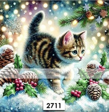 (2711) TWO Paper LUNCHEON Decoupage Art Craft Napkins  CHRISTMAS KITTEN CAT SNOW