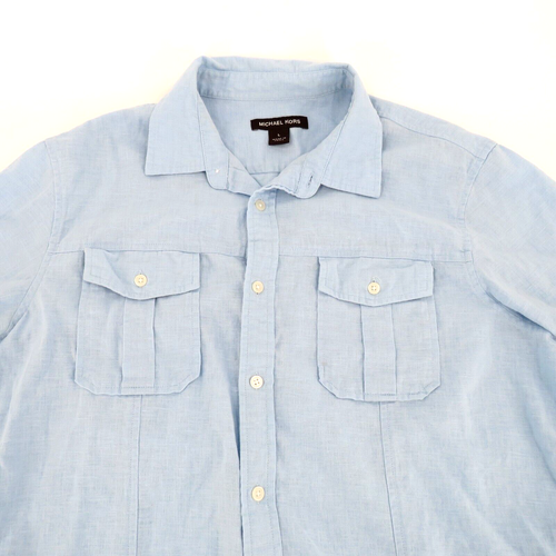 Michael Kors Men's Blue Linen Blend Short Sleeve Button Front Shirt Size Large - Picture 2 of 4