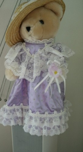 Teddy Bear on White Stand Wearing a Lace Dress/Hat/17 Inches Tall/ 8 Inches Wide