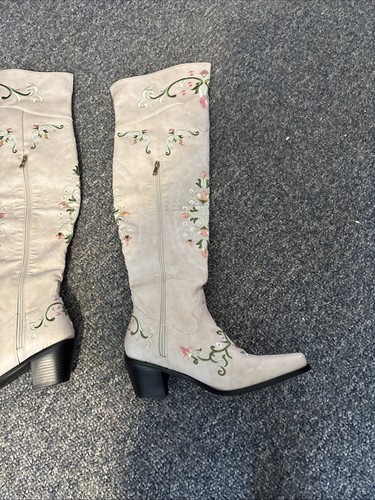 Womens Embroidery Decor Pointed Toe Mid Block Heels Over The Knee Boots Sz9.5 US - Picture 2 of 8