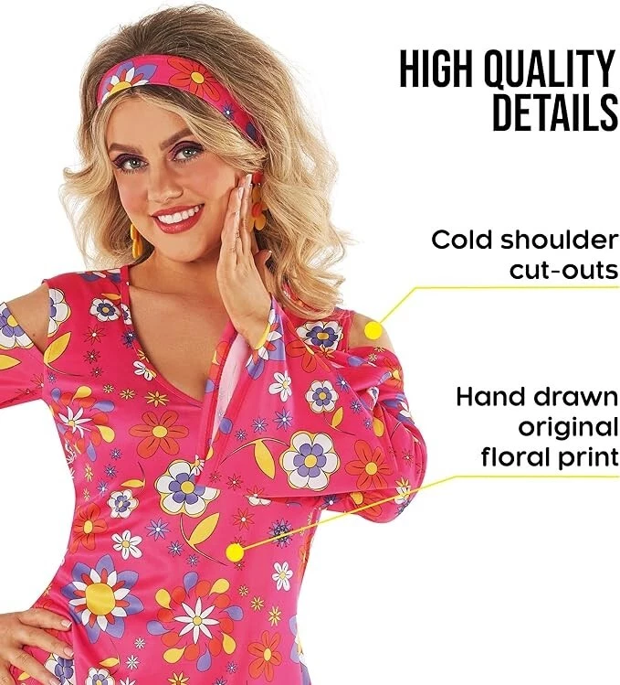 Mujer Rosa Hippie Disfraz Damas Años 60 70 Hippy Vestido S - 3XL Disco Groovy Bebé Foto 4 de 4