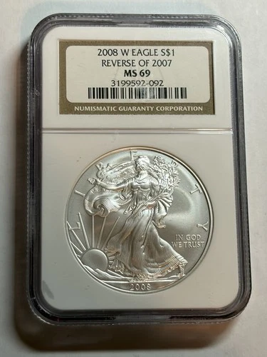2008-W Reverse Of 2007-W $1 1 Ounce Burnished Silver Eagle NGC MS69 Brown Label