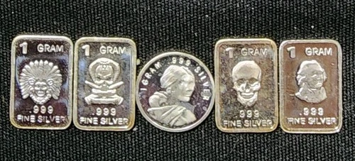 5 x 1 Gram .999 Fine Silver Bars and Round Lot Assorted Designs. Unique & Fun:)