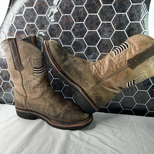 J.B. DILLON SQUARE TOE COWBOY BROWN BOOTS AMERICAN FLAG Men's Size 10D - Picture 6 of 9