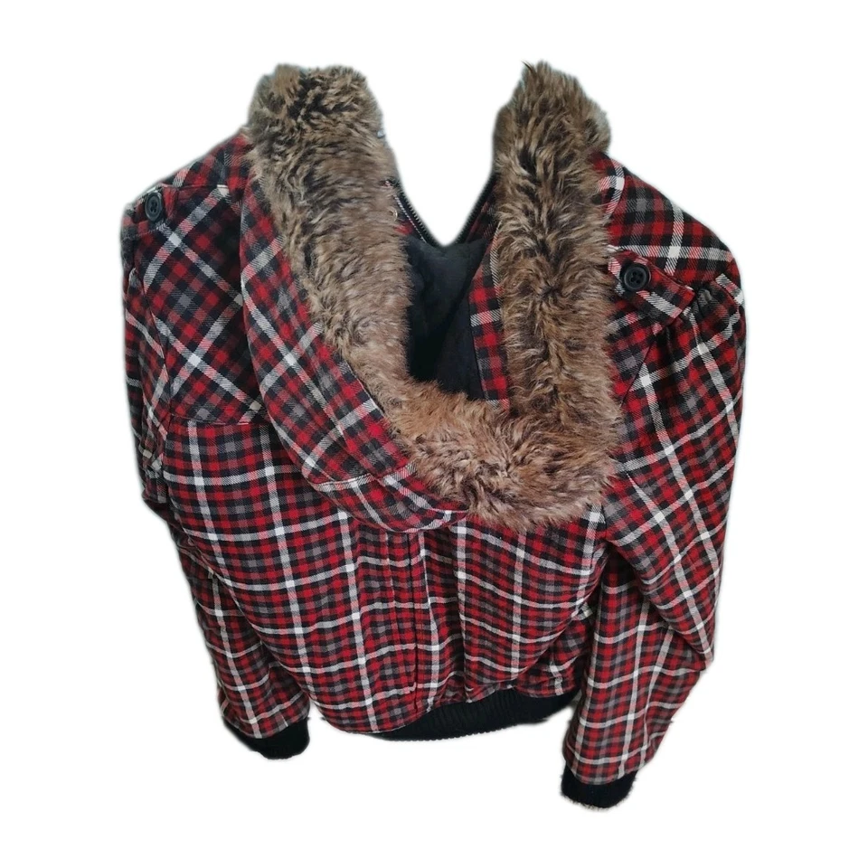 Y2K ROXY HOODED JACKET juniors size Large Red Plaid Faux Hood pre-owned  used - Image 3 of 4