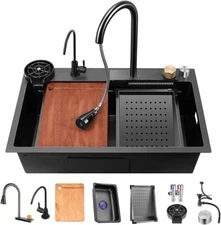 Flying Rain Stainles Steel Watefall Kitchen Sink w PullDown Faucet Black29.5INCH