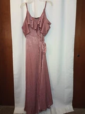 Lulus Moriah Rose Pink Satin Wrap Maxi Dress XL Ruffle Ethereal Feminine Formal