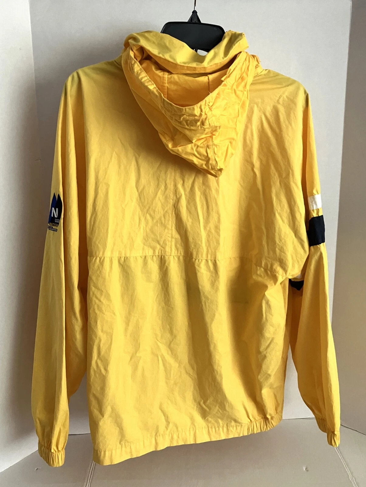 Nautica Jacket Windbreaker Mens Size Medium Hideaway Hood Yellow Blue Vintage image 4