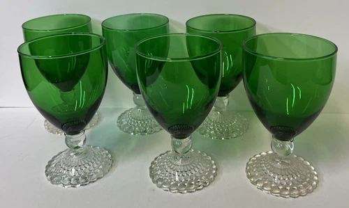 Set of 6 Vintage Anchor Hocking Green Bubble Foot Water Goblet Glasses 5.5” Tall