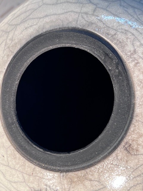 Kintsugi Raku,Lrg White/Black Crackle Vase/Urn, C. Dockins, Kintsugi Lid, Exc