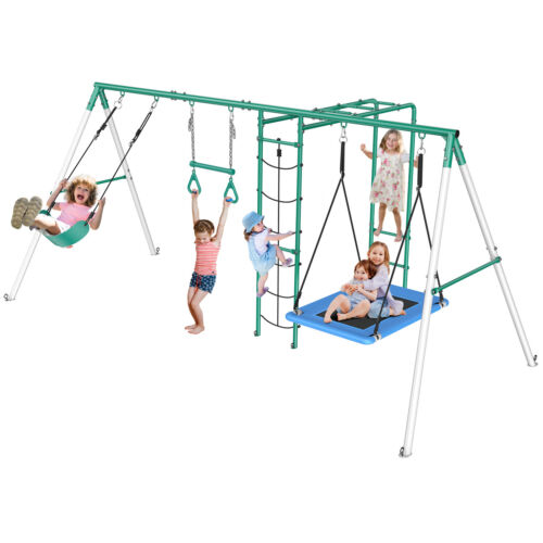 Large Heavy-Duty Swing Sets for Backyard with 2 Swings, Climbing Ladder and Nets