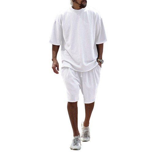 Men Loose Pure Solid Sports Short Sleeve T Shirt Shorts Set Outfit Sportswear - Picture 23 of 32