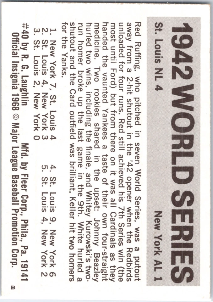 1942 - Yankees - Whitey Kurowski / Johnny Beazley 1971 Fleer #40 - Image 2 of 2