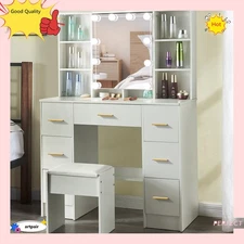 Large Makeup Vanity Table Set with 10 LED Mirror , 7 Drawers Dressing Table USA
