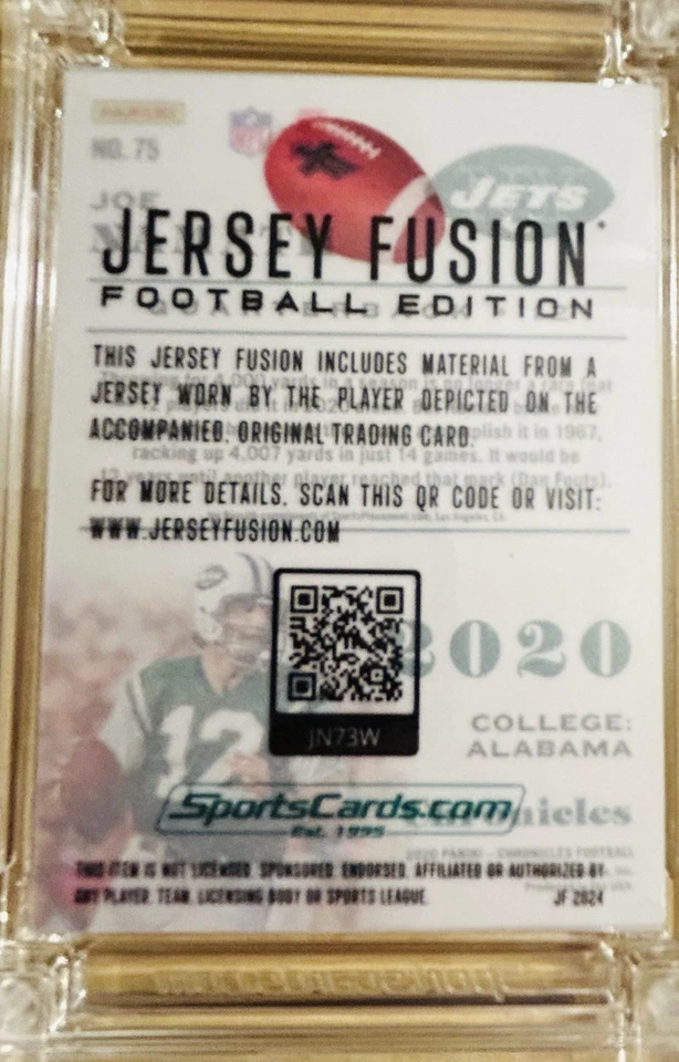 Panini Chronicles/Jersey Fusion 2020-Joe Namath #75 NY Jets Salón de la fama juego usado Foto 2 de 2