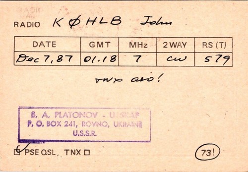 CARTOLINA HAM RADIO CQ QSL UB5KAF ROVNO UCRAINA URSS 1987-88 OP. BORIS PLATONOV - Foto 6 di 9
