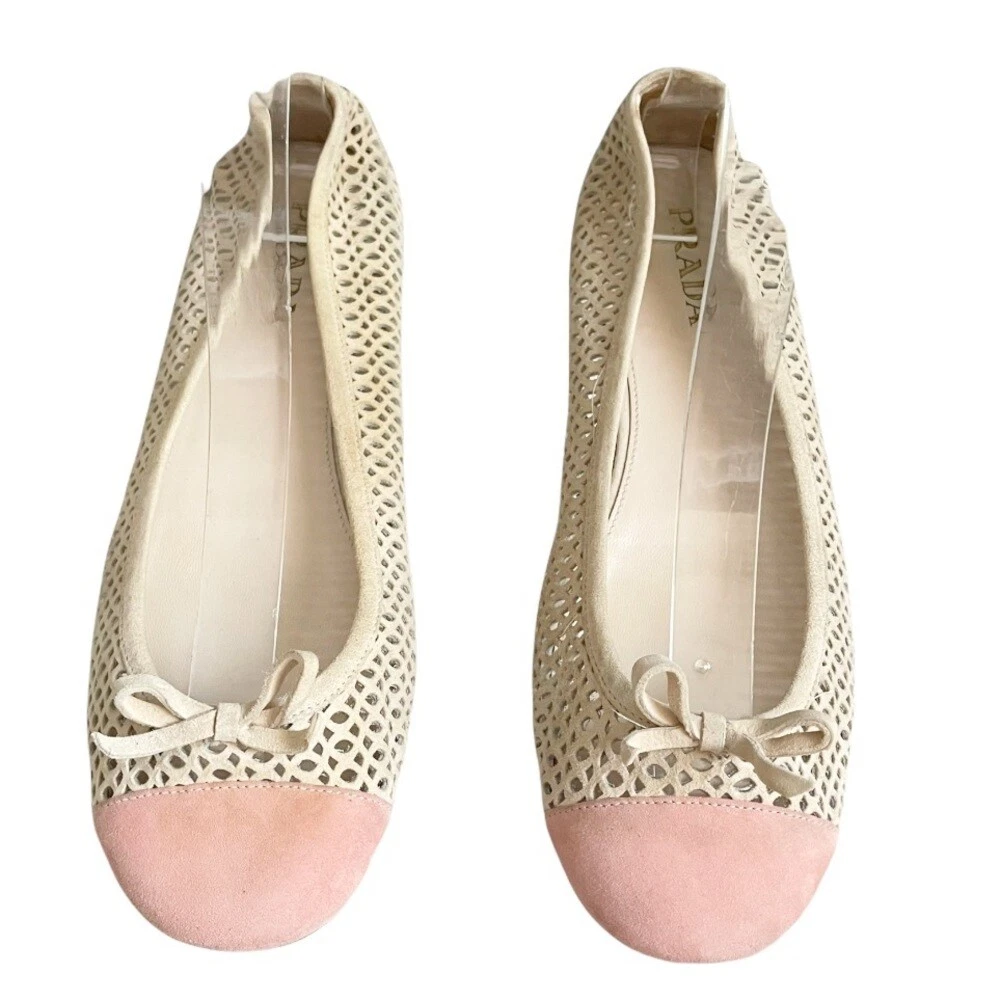 Chanel Coco Jazz Cap Toe Ballet Flats Light Pink Leather & Beige Patent Size 37