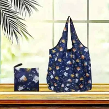 Navy Kitty Print Reusable Shopping Bag, Large Capacity