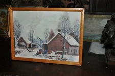 Original  Antique  Americana Naïve Oil on Board winter landscape  