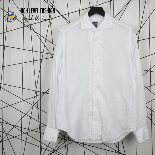 BOGGI MILANO Mens Spread French Linen White Regular-Fit Long Sleeve Shirt Size S