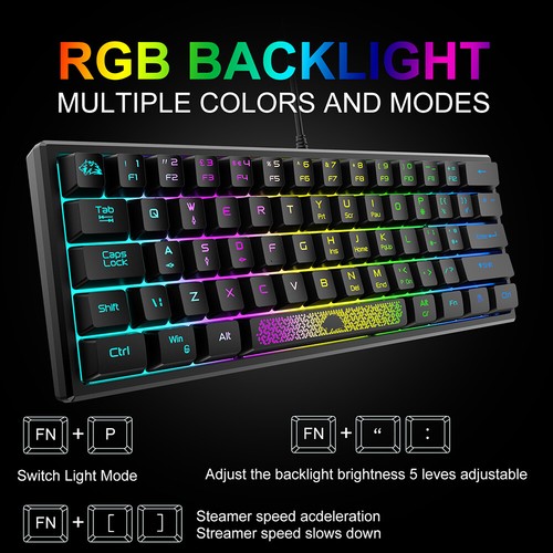 K61 RGB Wired Keyboard 60 Percent 62 Keys Ergonomic Gaming Keyboard (Black) - Picture 7 of 8