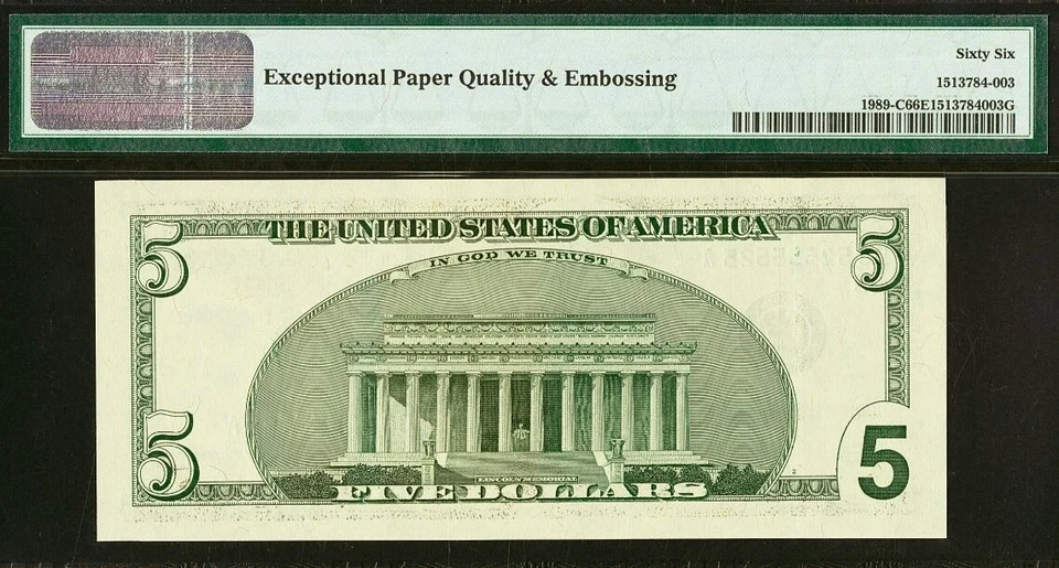 2003 $5 Federal Reserve Note PMG 66EPQ Gem Fancy Radar Serial Number 52555525 - Image 3 of 3