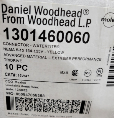 Woodhead 15W47 Watertite Connector 130146 NEMA 5-15R 2P 3W 15A 125V ...