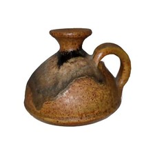 Studio Pottery Oil Lamp Candle Holder Vase Handle Drip Speckle Glaze Signed