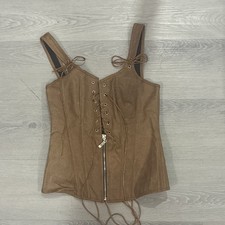 CHARMIAN Women  s Overbust Corset Bustier Brown Solid Lace Zip Size S