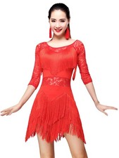 Z X Women's Fringed Ballroom Costume Lace Round Neck 1/2 Sleeve Tango Salsa L...