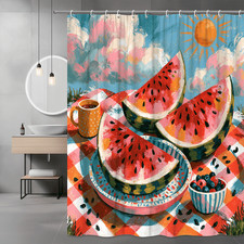 Watermelon Picnic Shower Curtain, Summer Fruit Print, Blue Sky Art