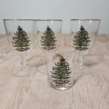 Spode Glass Christmas Tree 3 Pedestal Water Goblets & 1 Old Fashioned Glass Cup