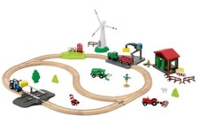 Holz Eisenbahn Set Kinder Farm Bauernhof Traktor Sound Windrad Bahnübergang NEU