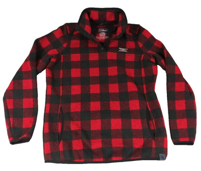 L.L.Bean Sweater Fleece Pullover Womens S Red Black Buffalo Plaid Snap Mock