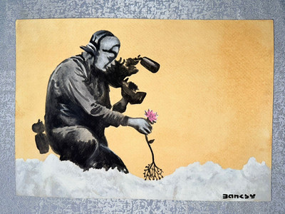 Banksy Drawing (handmade) painting on old paper signed stamped vintage