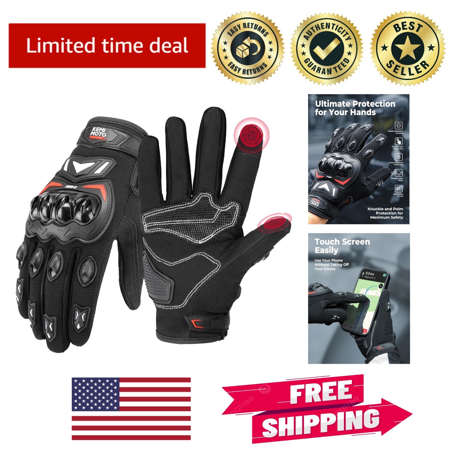 Durable Touchscreen Motorcycle Gloves for Men, Abrasion-Resistant, Black, Medium