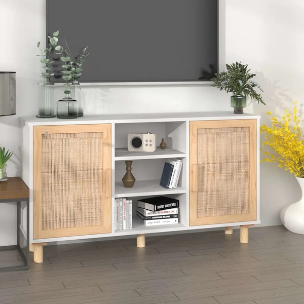 Sideboard Weiß 105X30X60 Cm Massivholz Kiefer Natur-Rattan-image