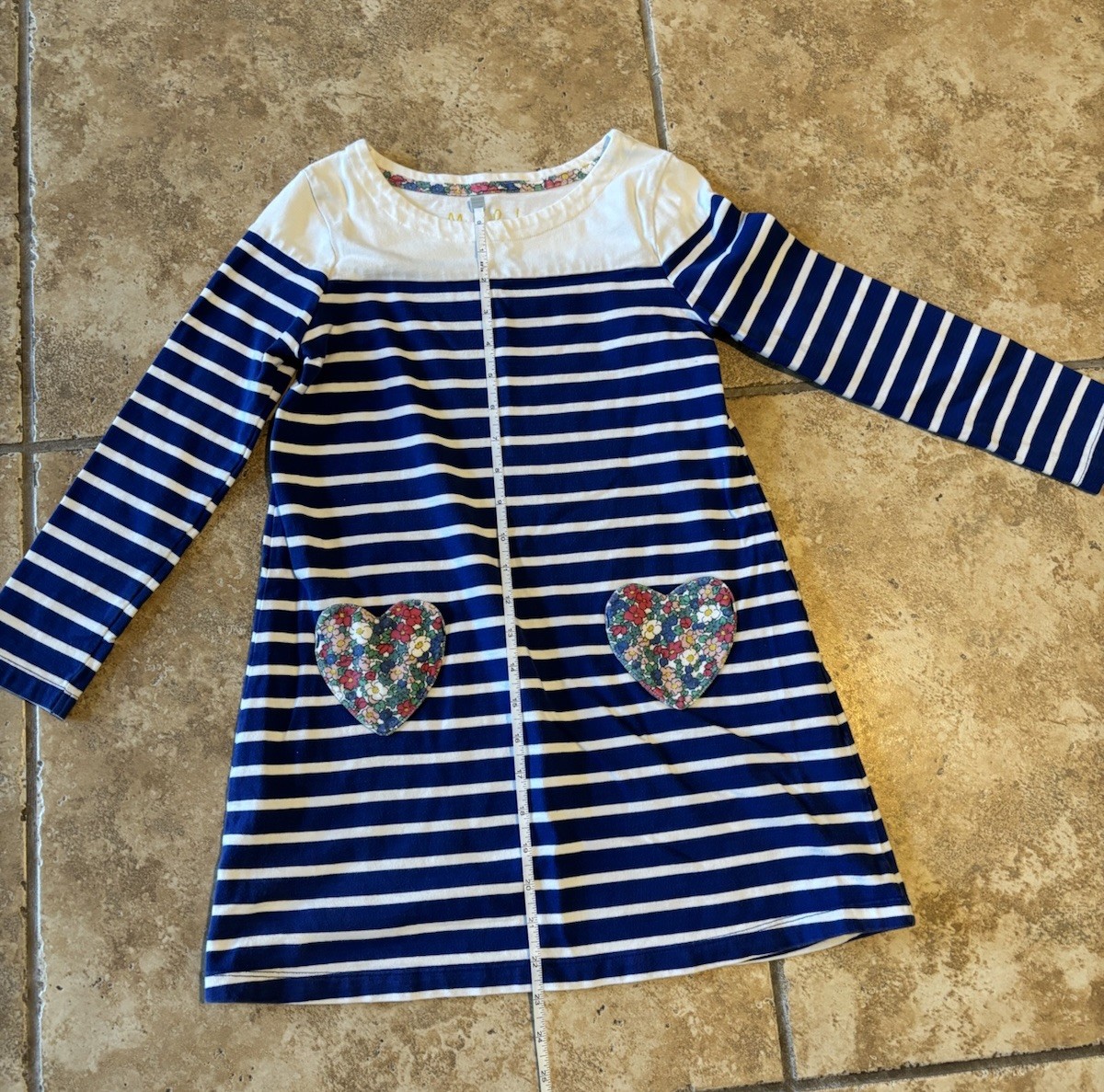Mini Boden A-Line Heart Pocket Striped Dress Blue Long Sleeve 9-10Y