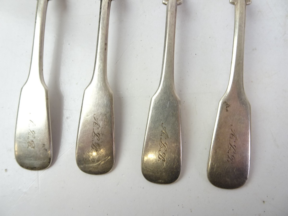 No4【ソリッドシルバー】 フィドルスプーン Lot of 4 Antique sterling Silver Spoons - Fiddle Pattern - Mono