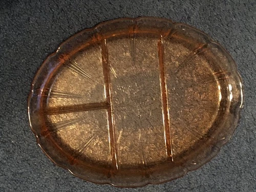 Pink Depression Glass Divided Oval Serving Platter Jeannette Cherry Blossom 13”