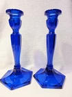 Pair of Cobalt Blue 8" Florentine Candlesticks Hexagonal Base